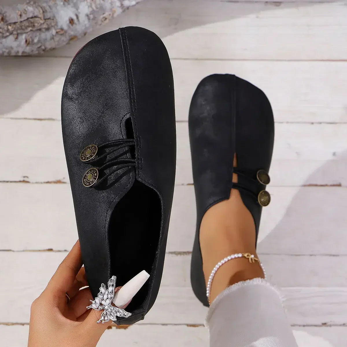 Women's Suede Shoes with Elastic Front and Vintage Button Accents