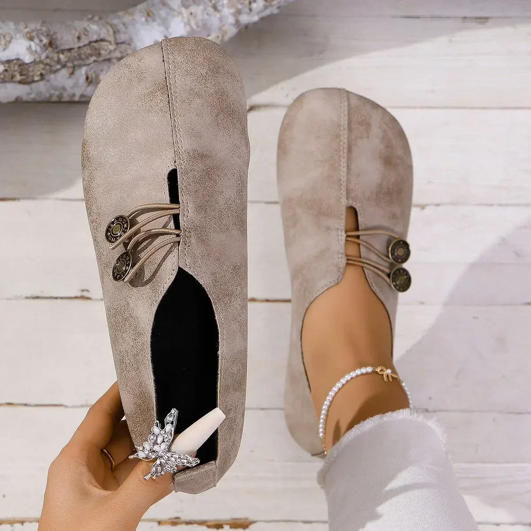 Women's Suede Shoes with Elastic Front and Vintage Button Accents