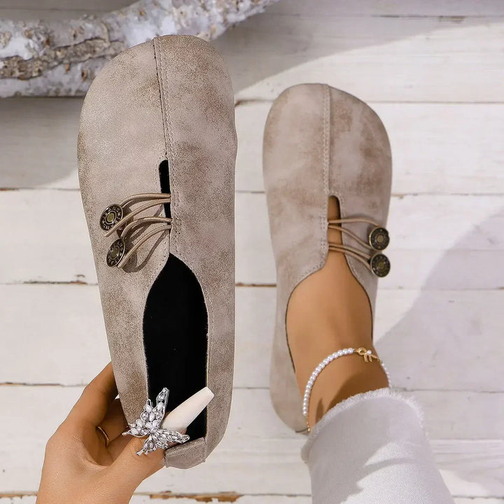 Women's Suede Shoes with Elastic Front and Vintage Button Accents