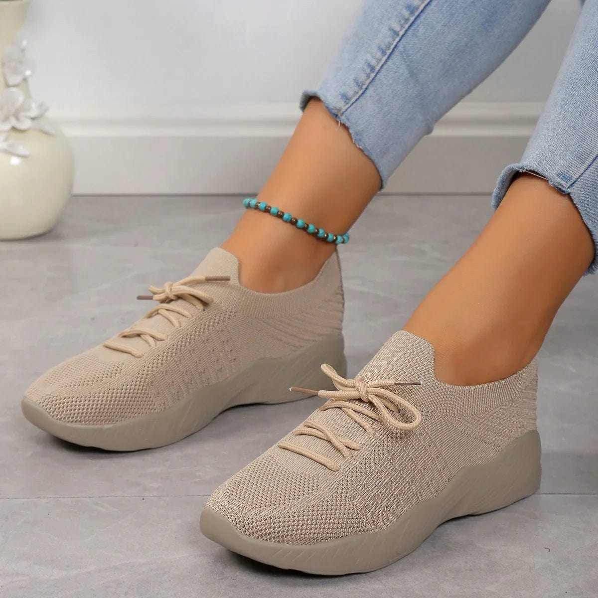 Women’s Cushioned Knit Sneakers – Lightweight Lace-Up Walking Shoes