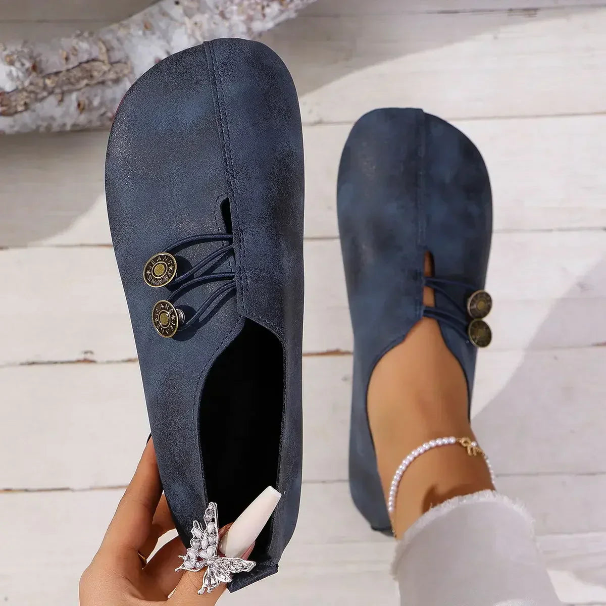 Women's Suede Shoes with Elastic Front and Vintage Button Accents