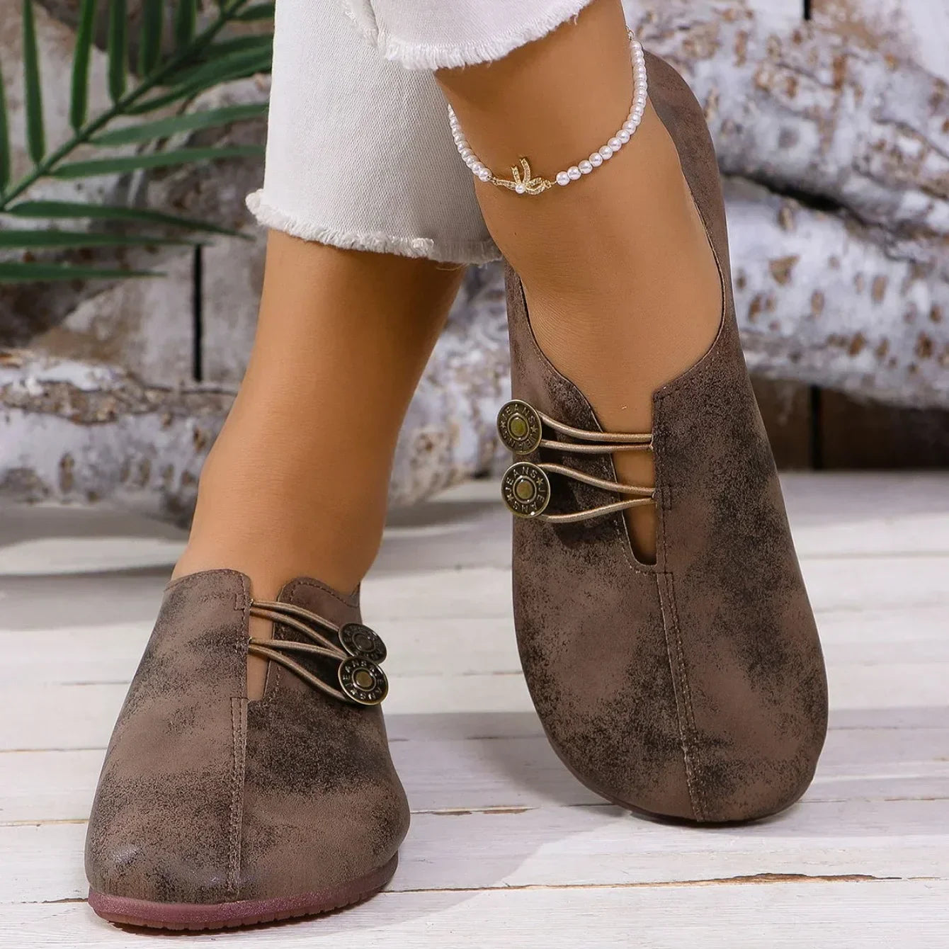 Women's Suede Shoes with Elastic Front and Vintage Button Accents