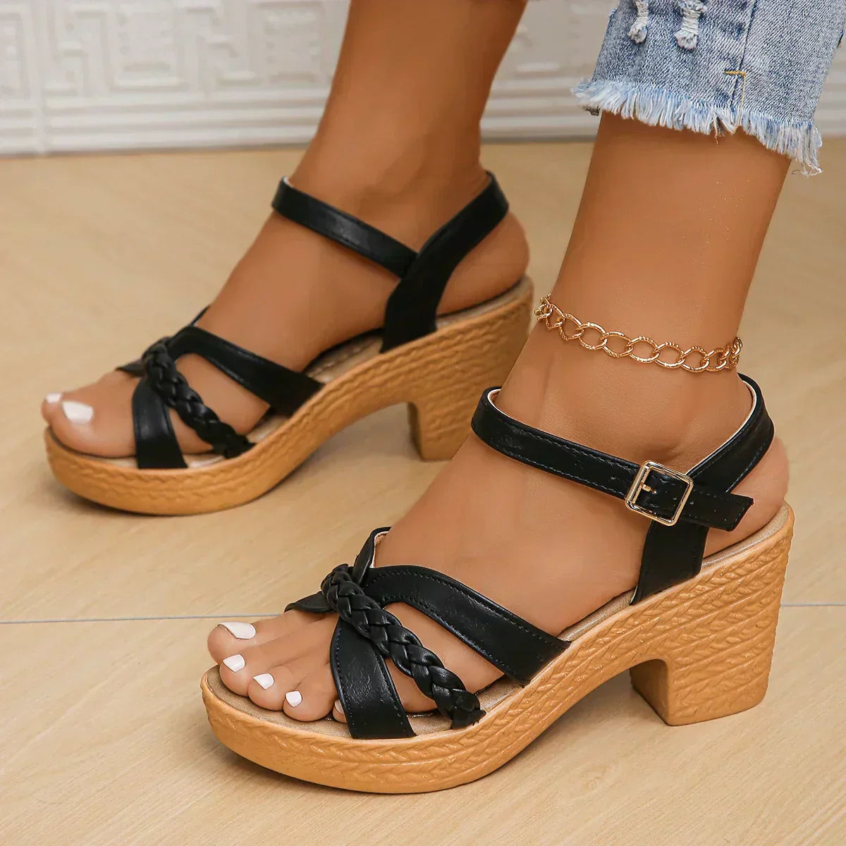 Women's Platform Block Heel Sandals with Braided Front Straps