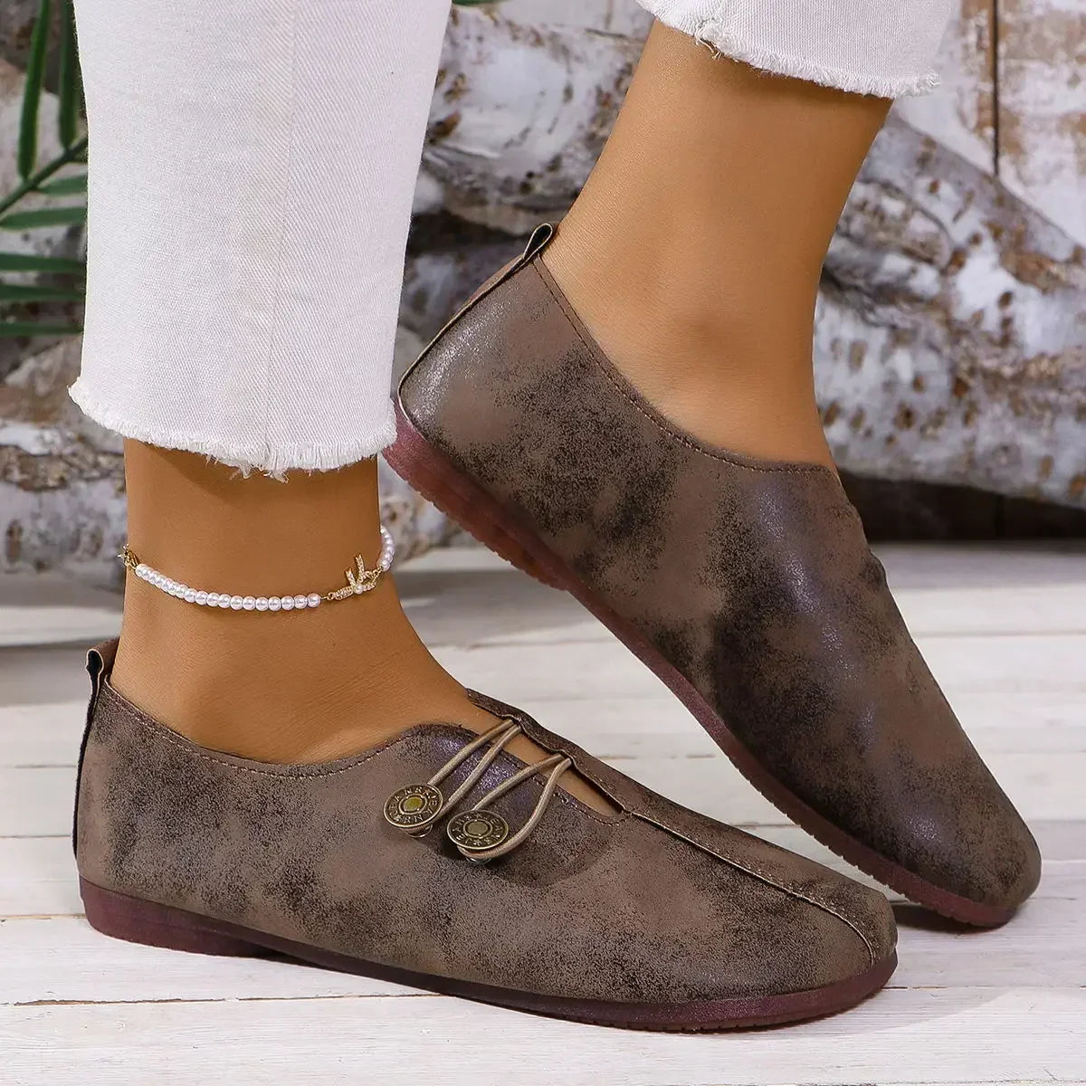 Women's Suede Shoes with Elastic Front and Vintage Button Accents