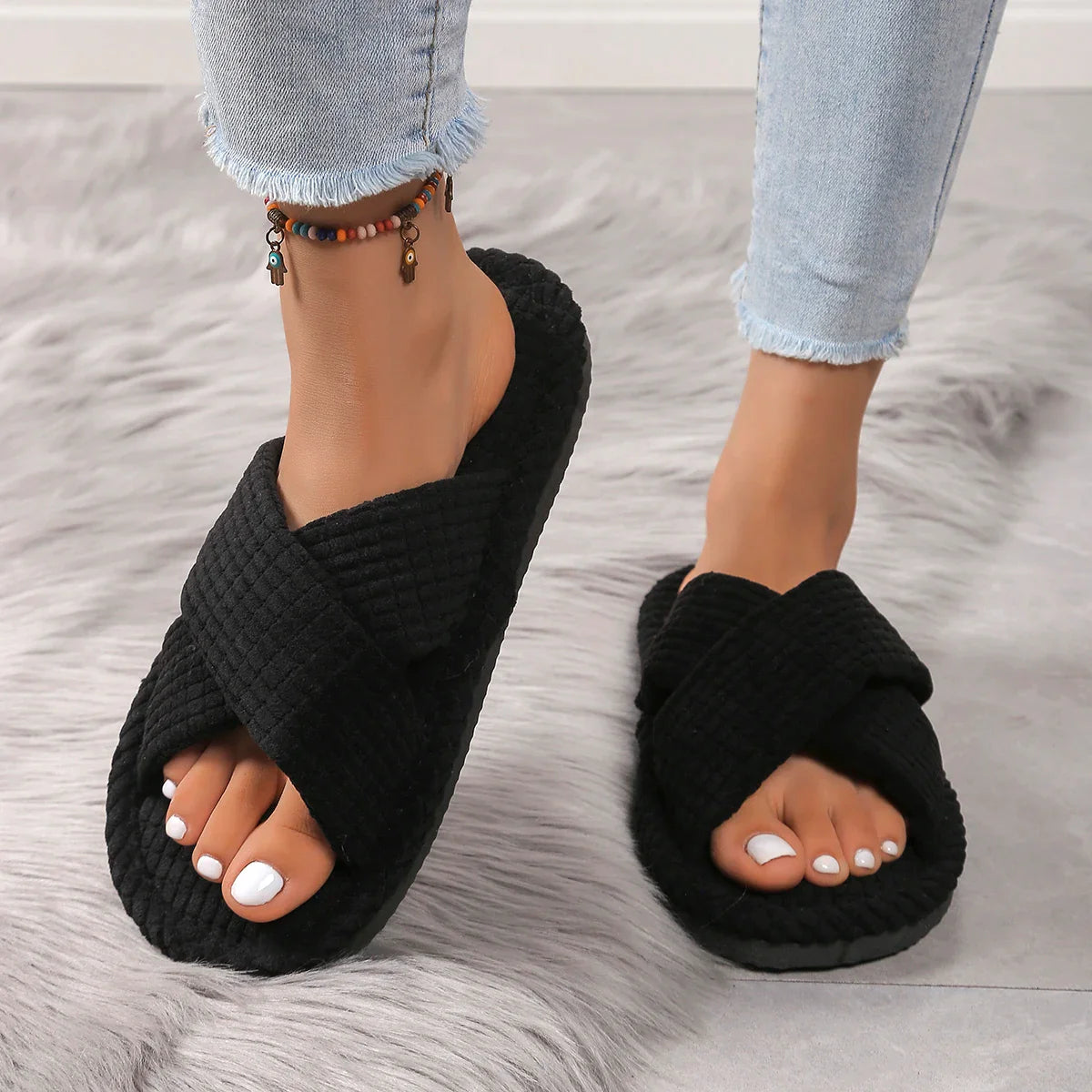 Women's Cross Band Open Toe Indoor and Outdoor Slippers