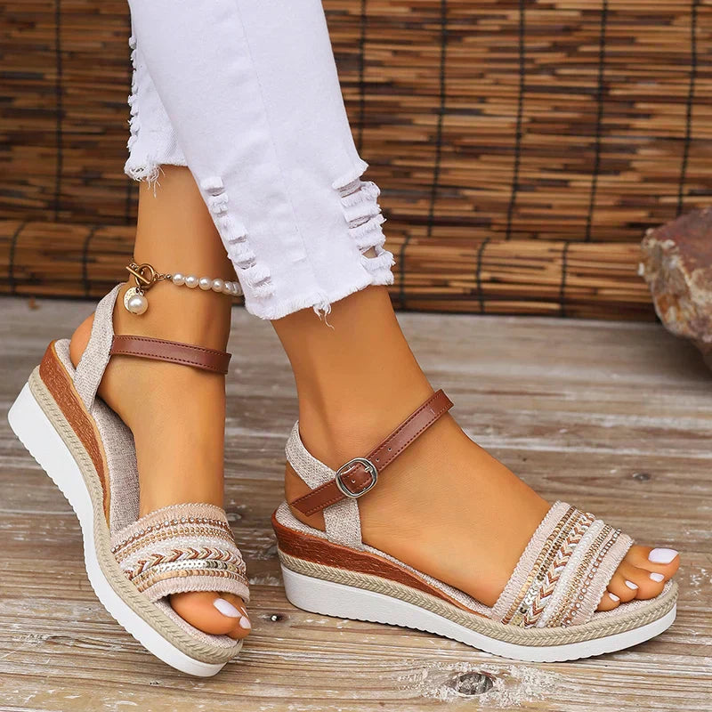 Women's Embroidered Platform Sandals with Ankle Strap and Open Toe
