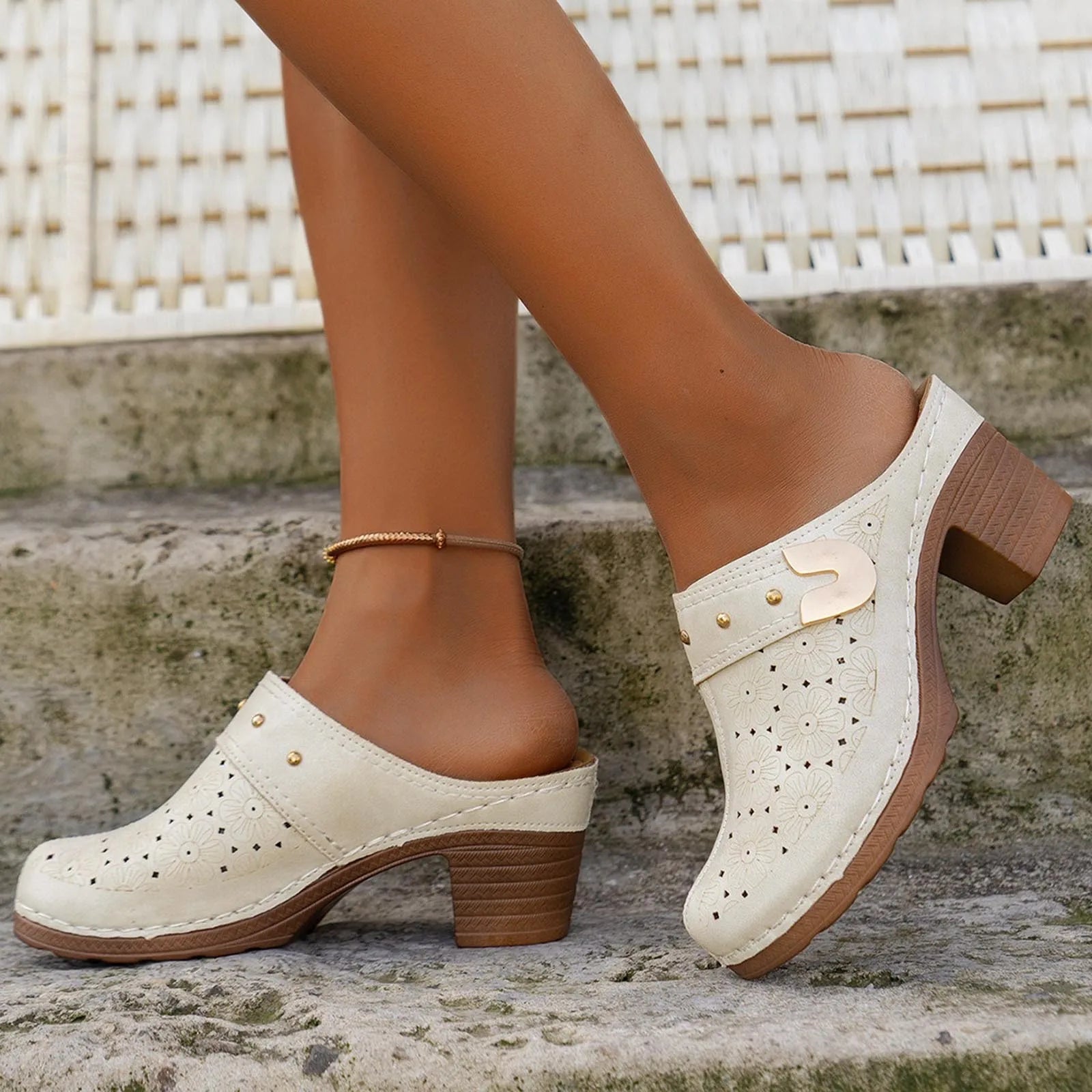 Women's Bohemian Block Heel Mules Sandals with Cut-Out Floral Detail