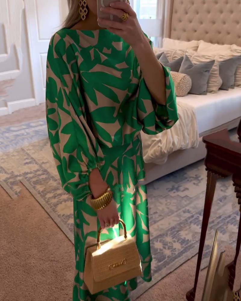 Set Dress Casual Printed Lantern Sleeves Temperament