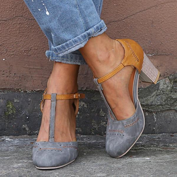 Women's T-Strap Block Heel Retro Sandals with Adjustable Strap