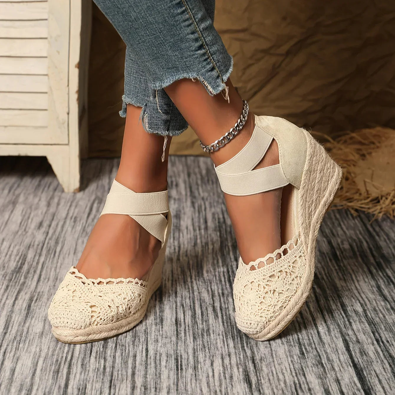 Women's Wedge Espadrille Sandals with Crochet Detail and Straps