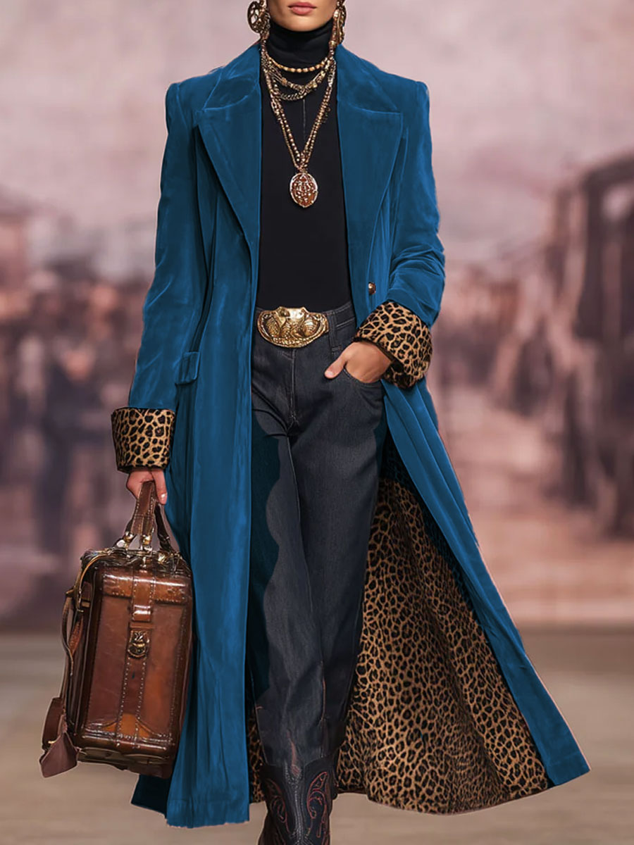 Lapel Single-breasted Velvet And Leopard Print Coat