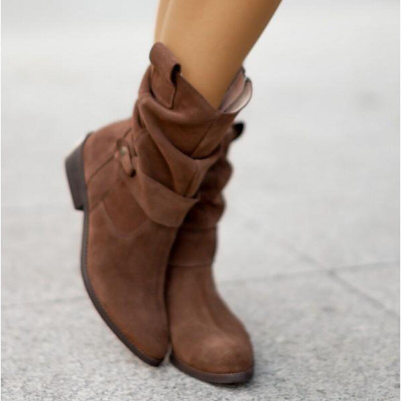 Women's Suede Ankle Boots - Slouched Design - Low Heel - Buckle Strap Detail