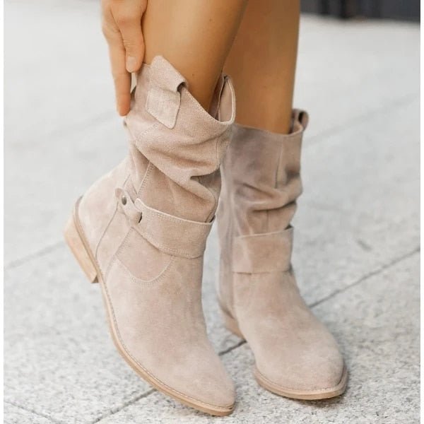 Women's Suede Ankle Boots - Slouched Design - Low Heel - Buckle Strap Detail