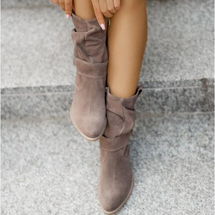 Women's Suede Ankle Boots - Slouched Design - Low Heel - Buckle Strap Detail