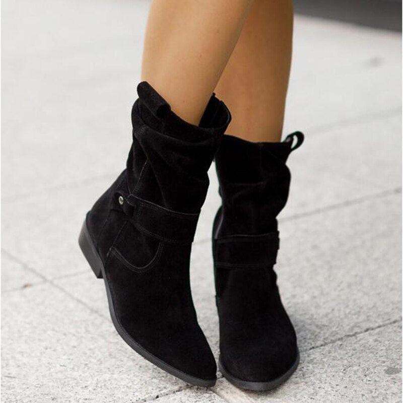 Women's Suede Ankle Boots - Slouched Design - Low Heel - Buckle Strap Detail