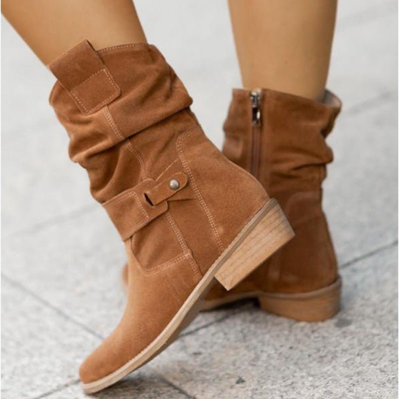Women's Suede Ankle Boots - Slouched Design - Low Heel - Buckle Strap Detail