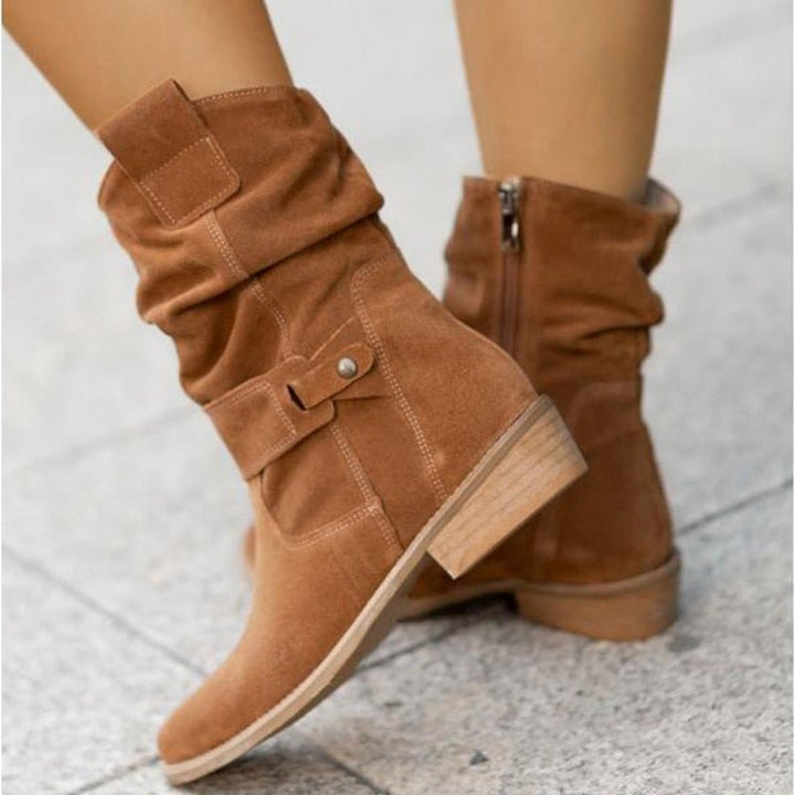 Women's Suede Ankle Boots - Slouched Design - Low Heel - Buckle Strap Detail