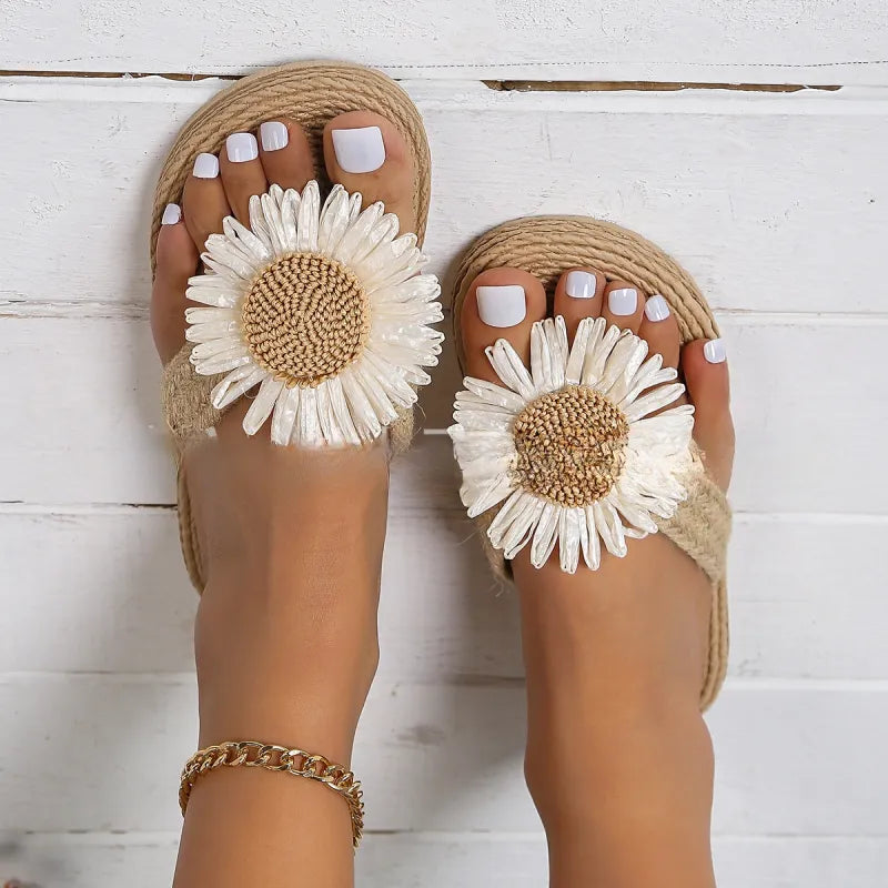 Women's Linen Flower Flat Sandals Casual Summer Slip On Shoes