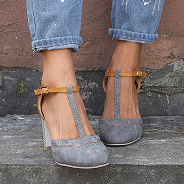 Women's T-Strap Block Heel Retro Sandals with Adjustable Strap