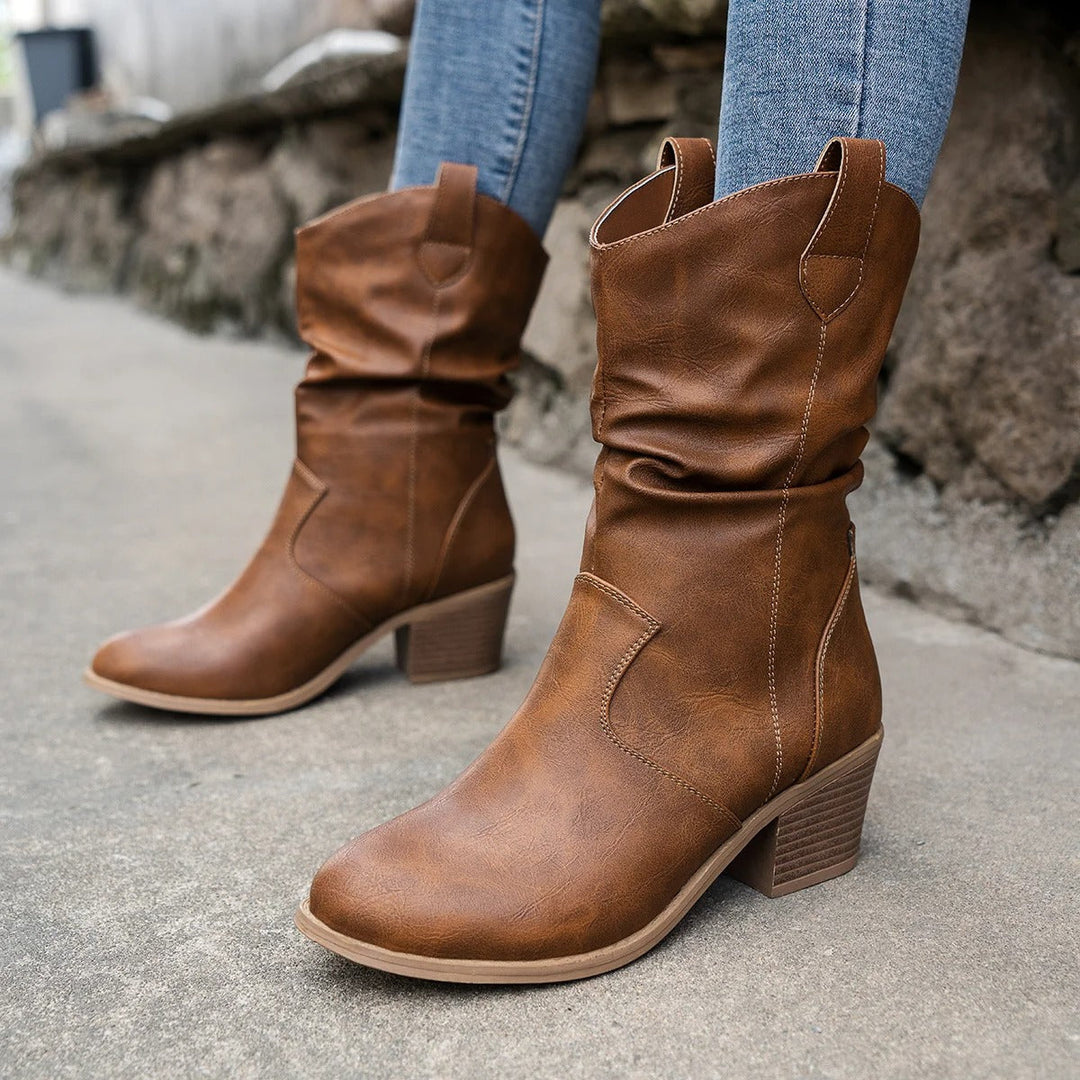 Women's Mid-Calf Western Cowboy Boots with Stacked Block Heel