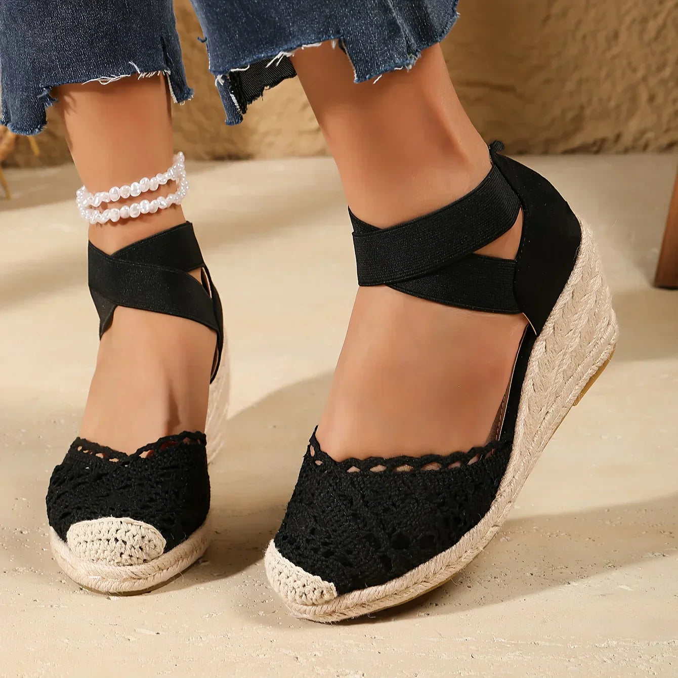 Women's Wedge Espadrille Sandals with Crochet Detail and Straps