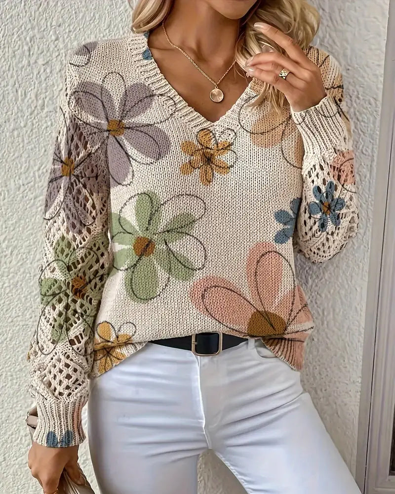 V-Neck Sweater with Openwork Pattern