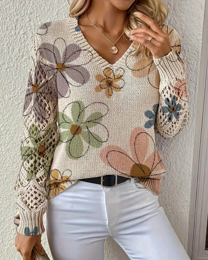 V-Neck Sweater with Openwork Pattern