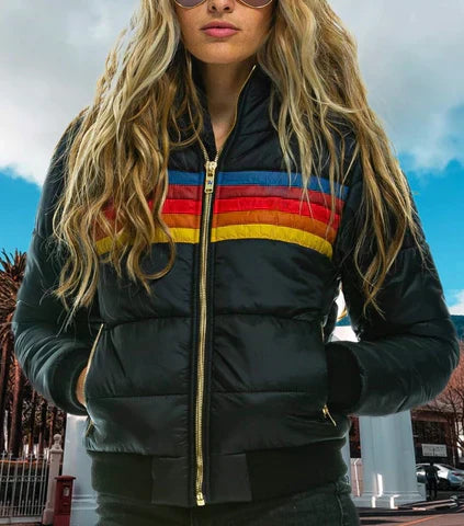 Women's Retro Color Block Puffer Jacket - Warm Winter Coat with Vintage Style