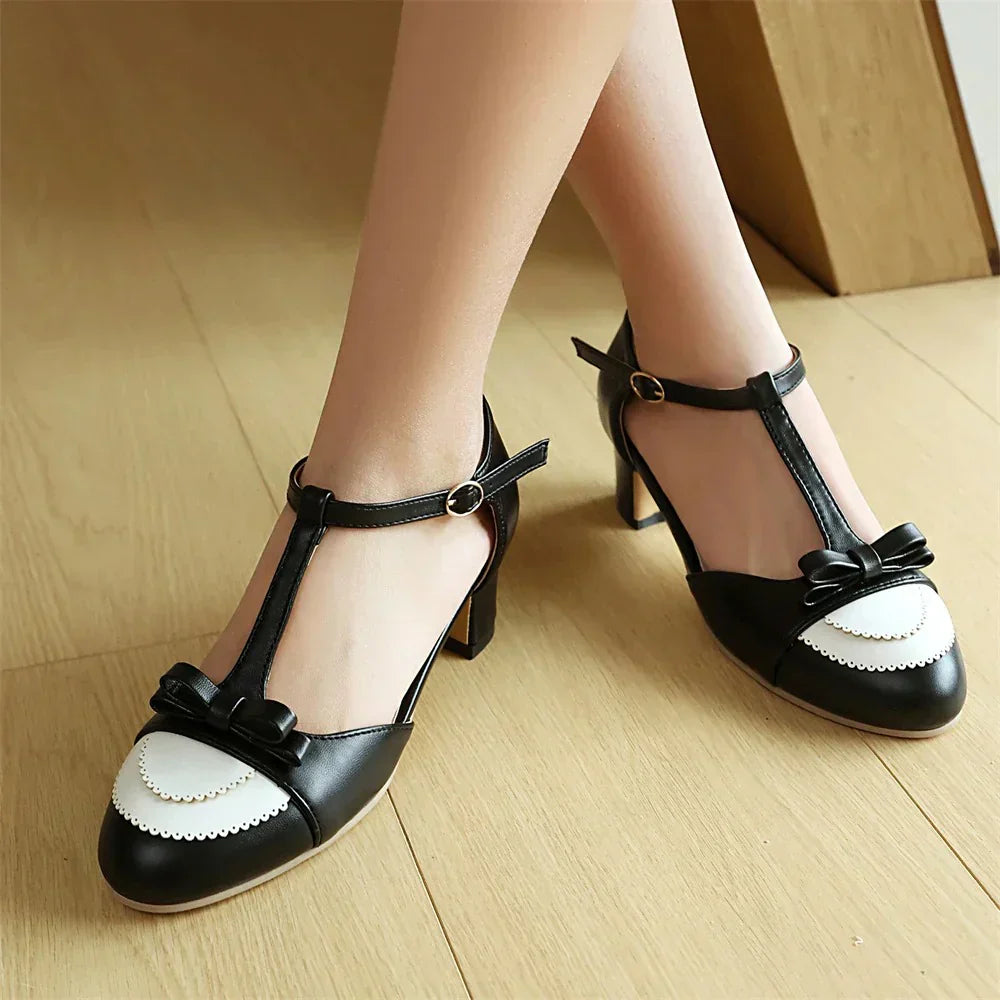 Women's Vintage T-Strap Heels with Bow and Block Mid Heel Design