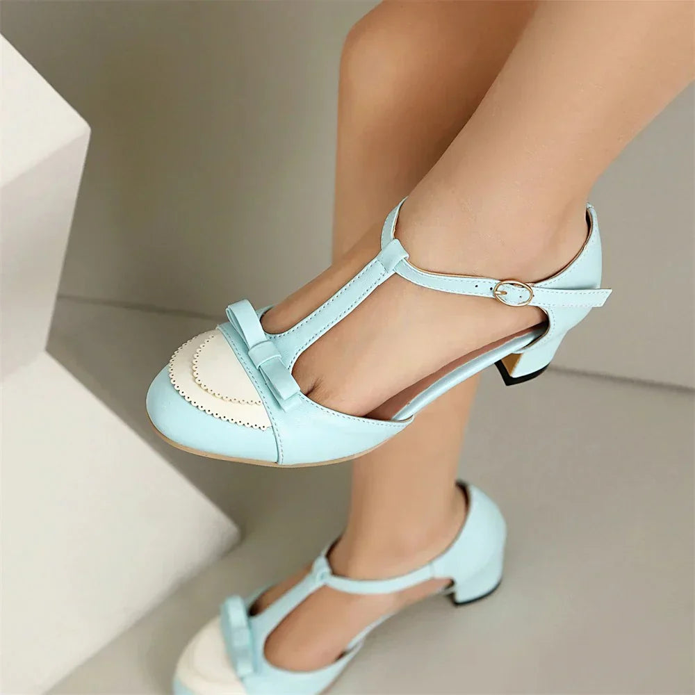 Women's Vintage T-Strap Heels with Bow and Block Mid Heel Design