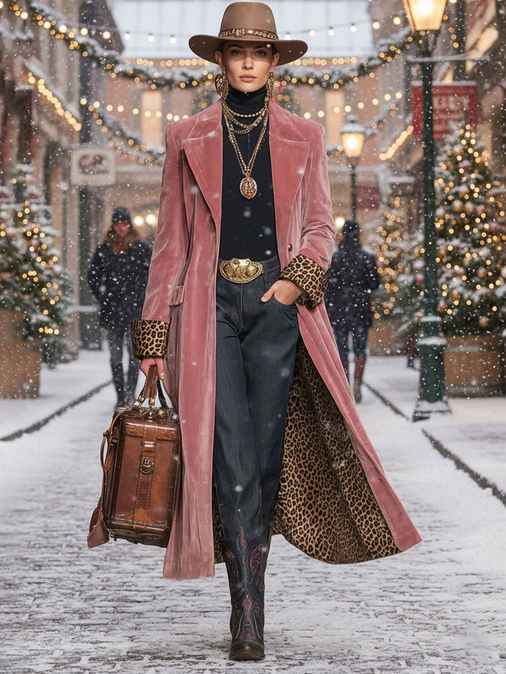 Lapel Single-breasted Velvet And Leopard Print Coat